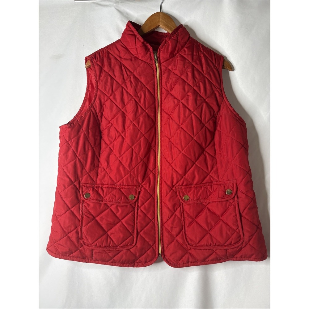 St. John's Bay Womens 1X Quilted Red Puffer Vest Gold Tone Hardware Snap Pockets
